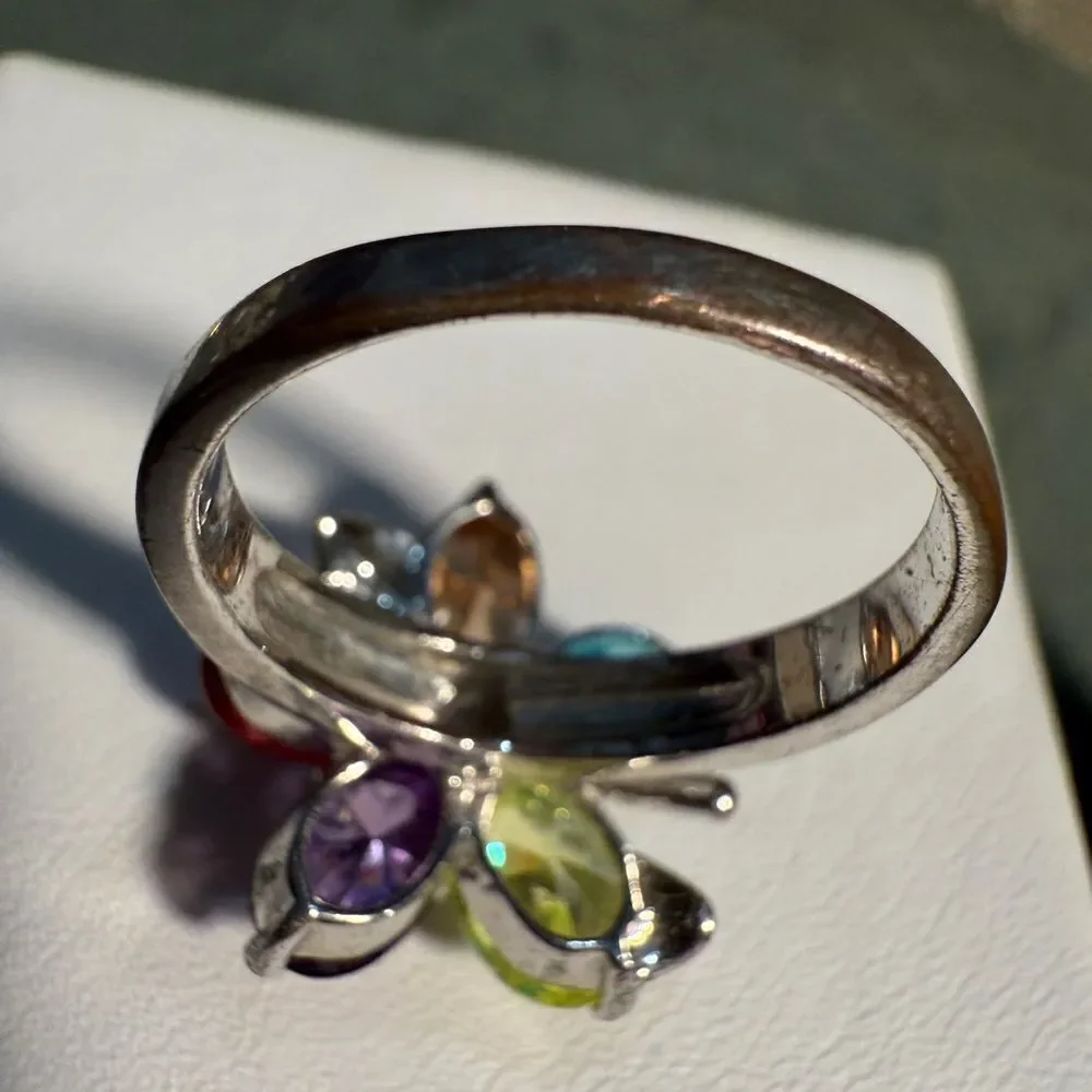 Colorful Flower Cocktail Ring with Multicolor Gemstones – Size 9.5